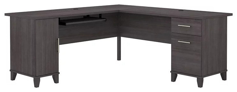 L-Shaped Desk, Keyboard Tray & Cabinet/Drawers With Metal Pulls, Storm Gray