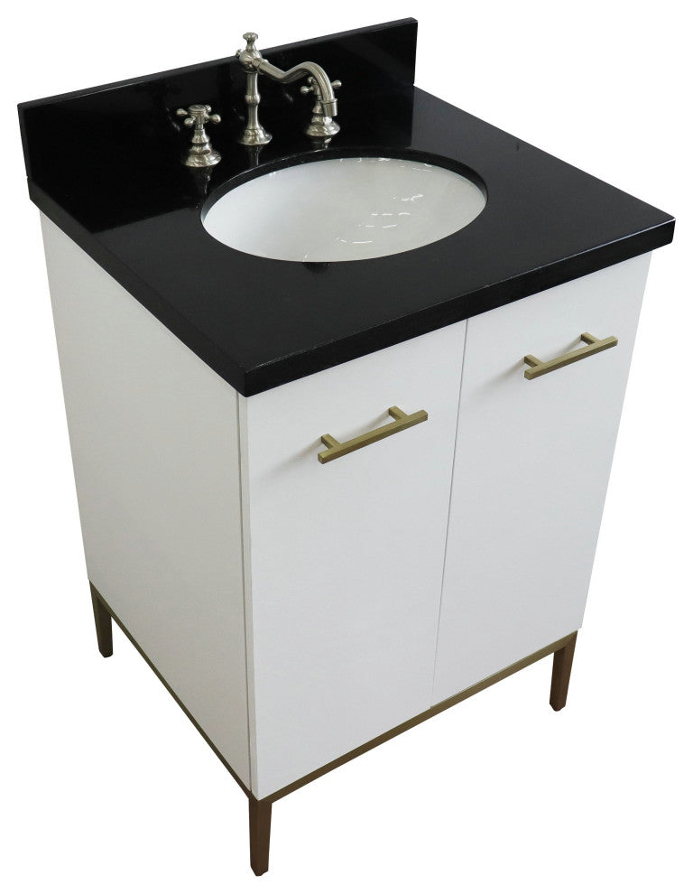 25" Single Sink Vanity, White Finish With Black Galaxy Granite And Oval Sink