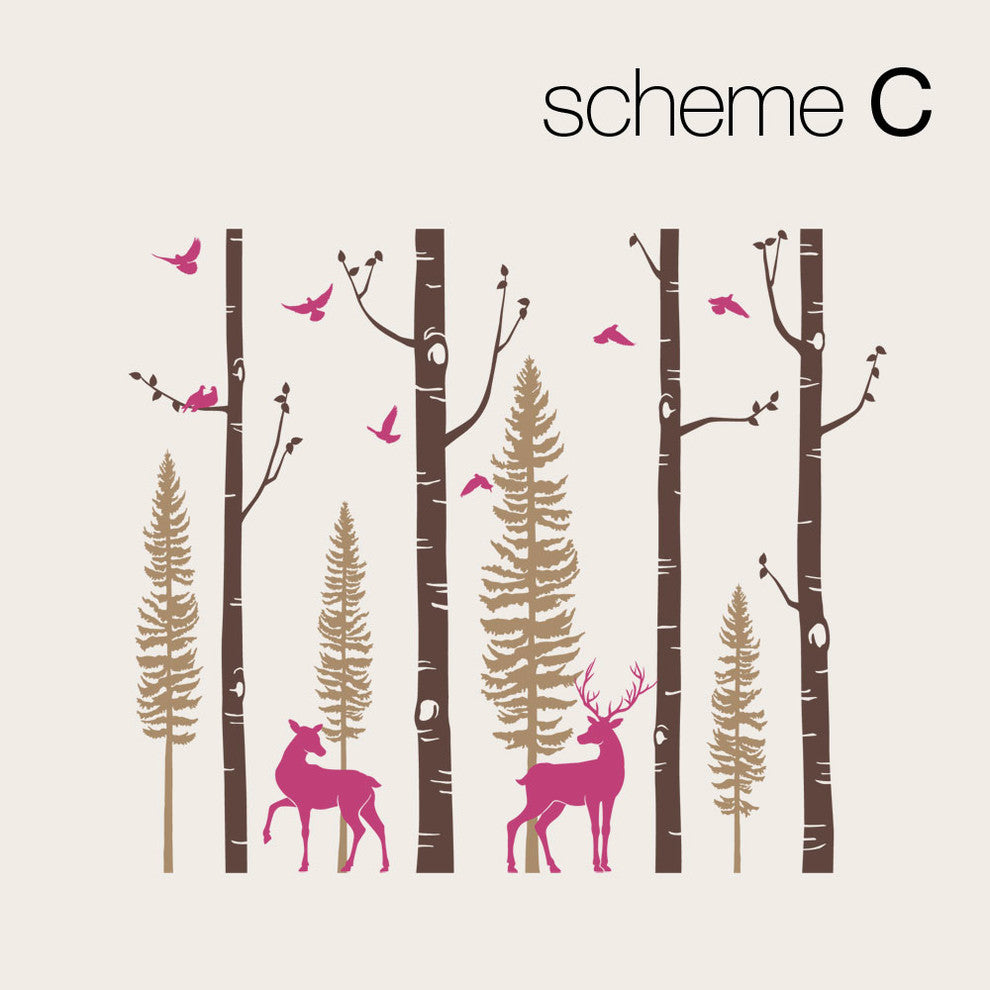 Birch Tree Wall Decal, Birds And Deer, Scheme C, 96" Tall Birch Trees