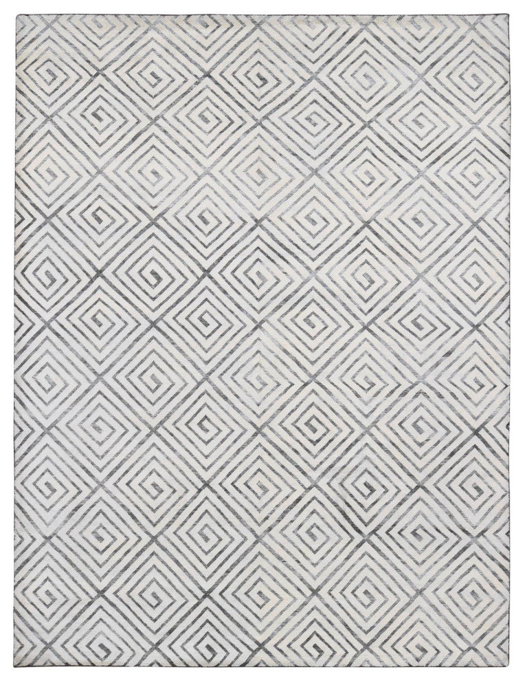 Ivory Roman Key Squares Design Hand Knotted Pure Silk With Wool Rug, 9'0"x12'0"