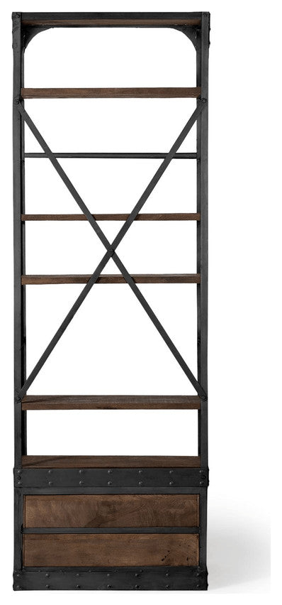 94" Black Distressed Iron and Solid Wood Five Tier Bookcase with Two Drawers