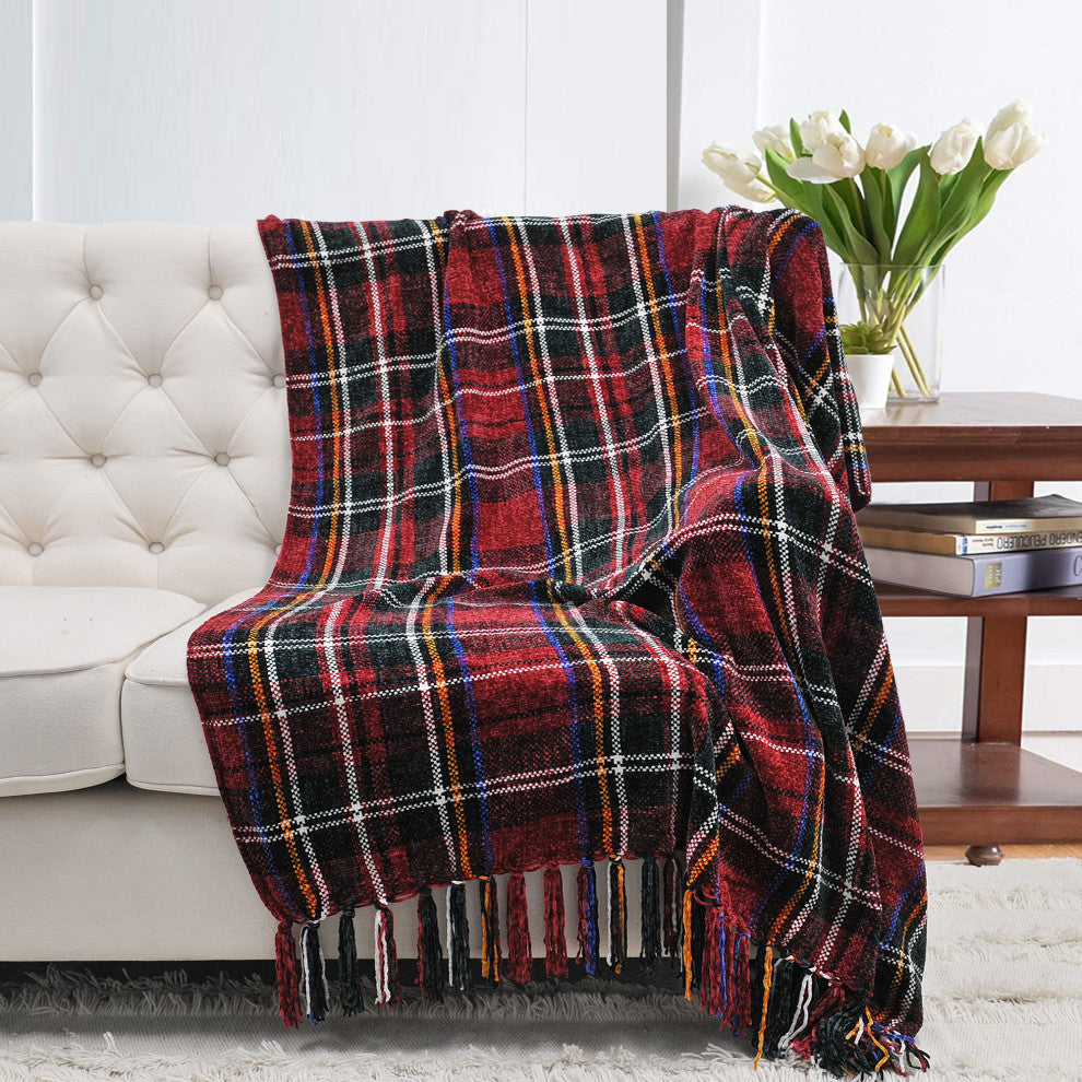 Multi-Color Crystal Chenille Throw Blanket, Red/Green/White Plaid, 60"x80"