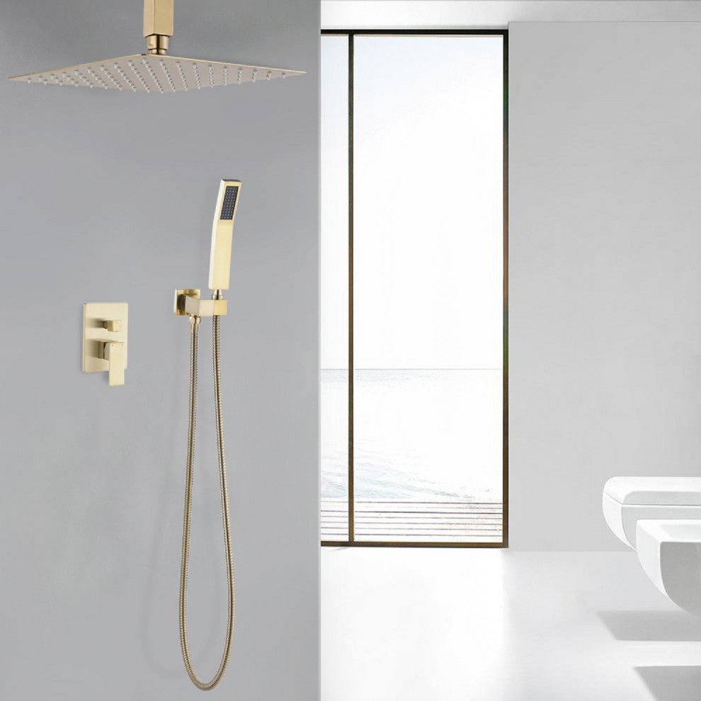 Ceiling Mounted Shower System Set With 16" Rain Shower Head, Brushed Gold