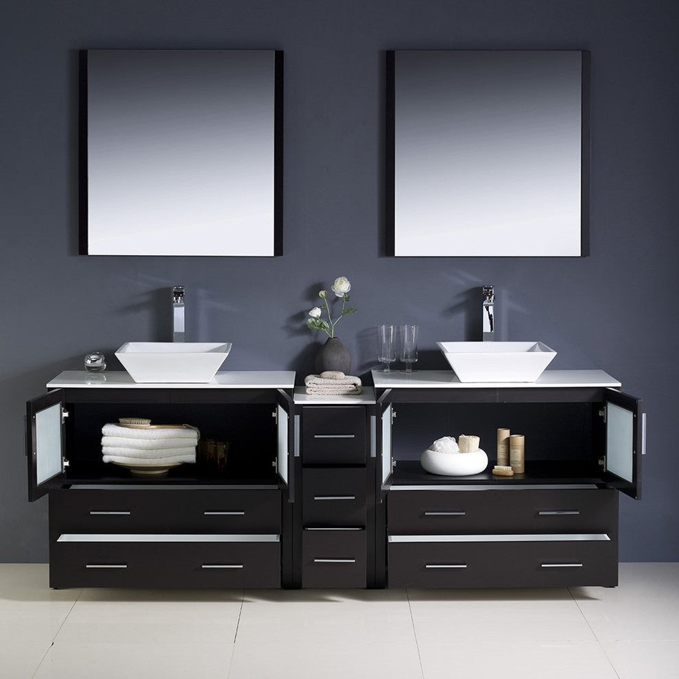 Torino 84" Espresso Modern Double Sink Bathroom Vanity, Faucet FFT9162CH