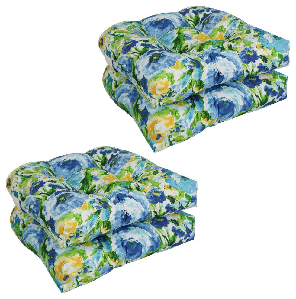 19" U-Shaped Patterned Tufted Dining Chair Cushions, Set of 4, Lesandra Sunblue