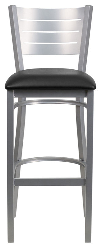 Silver Slat Back Metal Restaurant Barstool, Black Vinyl Seat