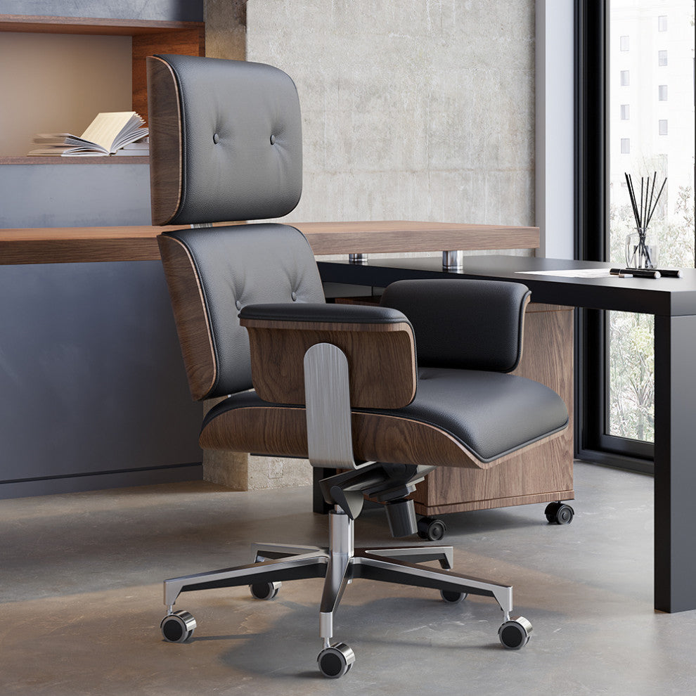 Black Home Office Chair Swivel Upholstered Wooden Desk Chair Adjustable Height, Black