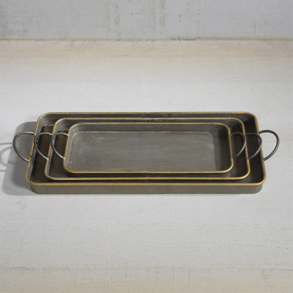 HomeRoots Set of 3 Nesting Galvanized Metal and Gold Serving Trays