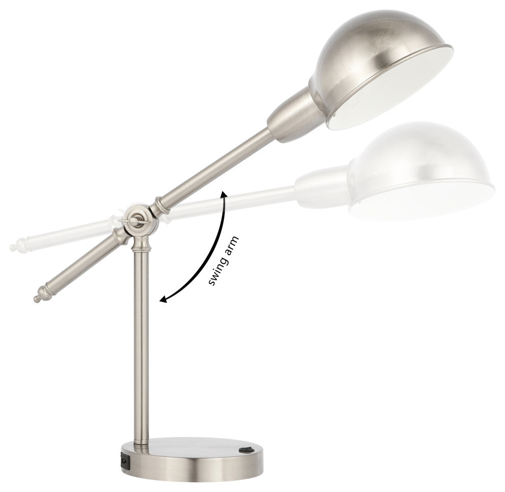 20.25" Iron Adjustable Dome Shade LED Task Lamp With USB Charging Port, Nickel