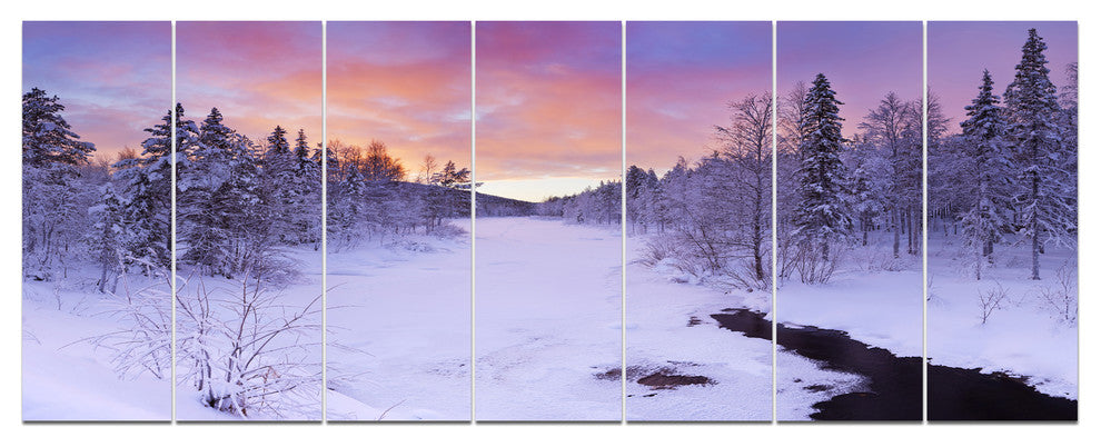 Winter River in Finnish Lapland, Modern Landscape Canvas Art, 83"x32", 7 Panels
