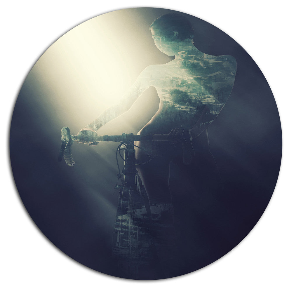 Woman With Bicycle In Spotlight, Modern Portrait Round Wall Art, 23"