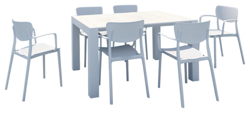 Loft Outdoor Dining Set With 6 Arm Chairs and 55" Extension Table White
