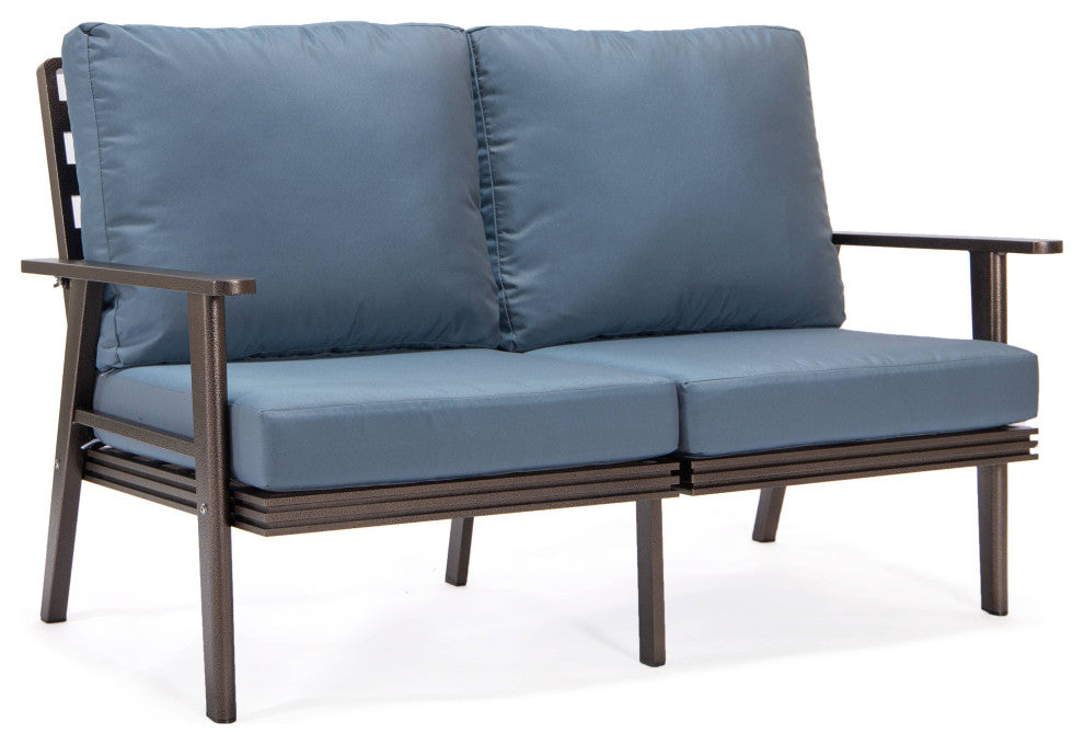 LeisureMod Walbrooke 3-Piece Patio Set With Brown Aluminum Frame and Cushions, Navy Blue
