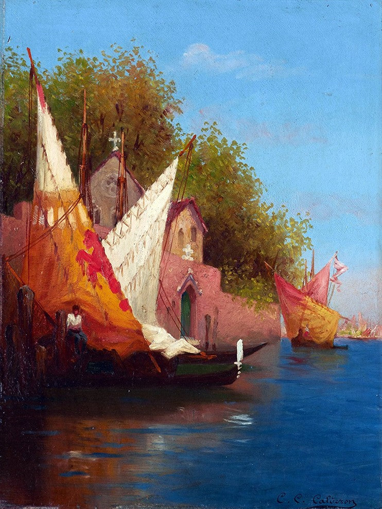 Tile Mural, Seascape Boat Sea By Charles Clement Calderon Ceramic, Matte