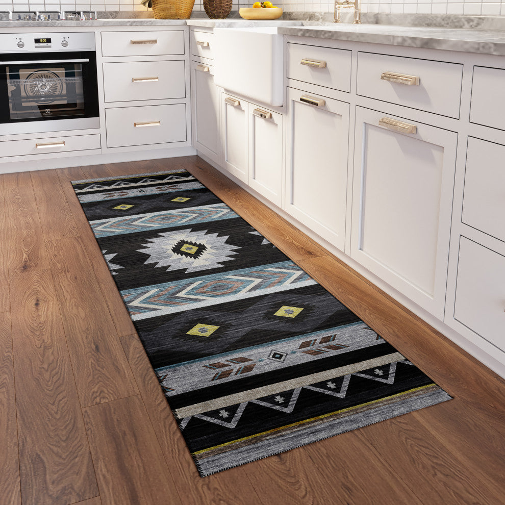Indoor/Outdoor Phoenix PH3 Black Machine Washable 2'3" x 7'6" Runner Rug