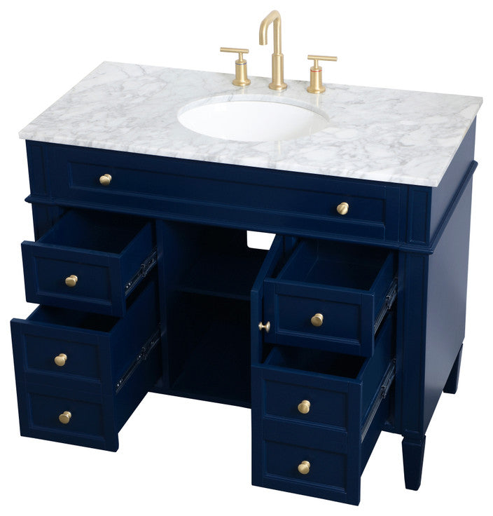 Home Living Vanity with Carrara White Marble Countertop, Blue, 42", Single Sink