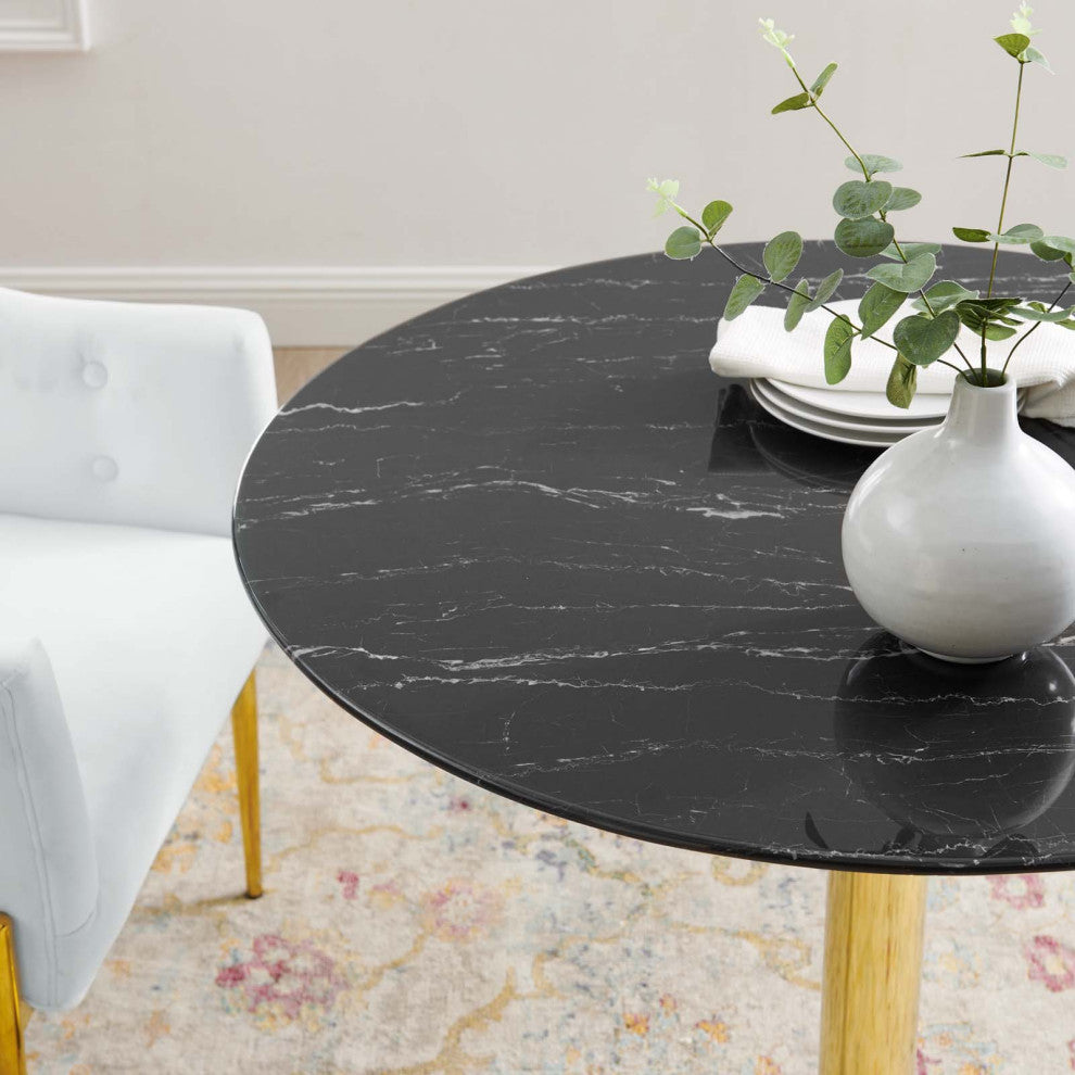 35" Dining Table, Round, Black Gold, Artificial Marble, Modern, Mid Century