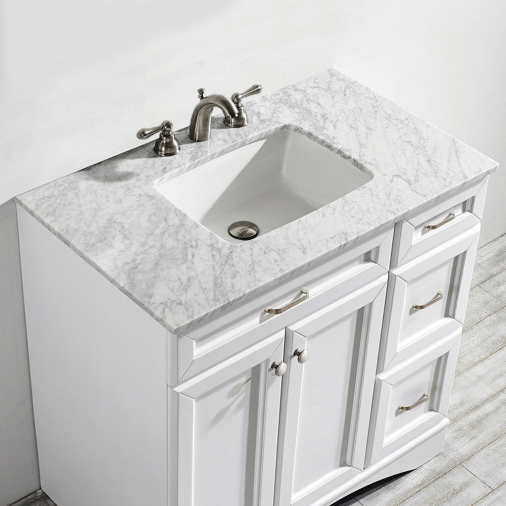 Naples 36" Vanity in White with Carrara White Marble Countertop Without Mirror