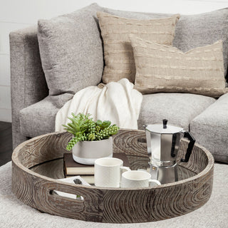 Whittier Brown Wood With Mirrored Base Round Tray, Large