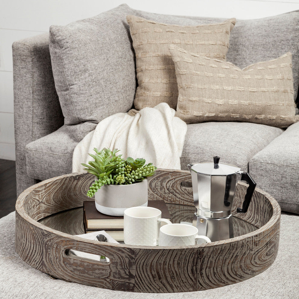 Whittier Brown Wood With Mirrored Base Round Tray, Large