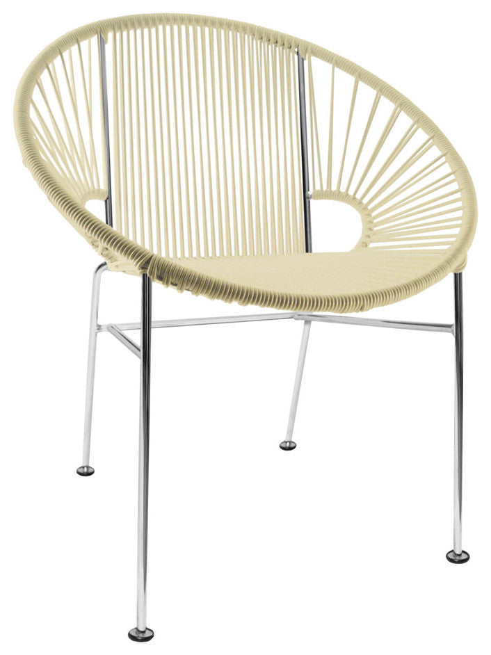 Concha Indoor/Outdoor Handmade Dining Chair, Ivory Weave, Chrome Frame