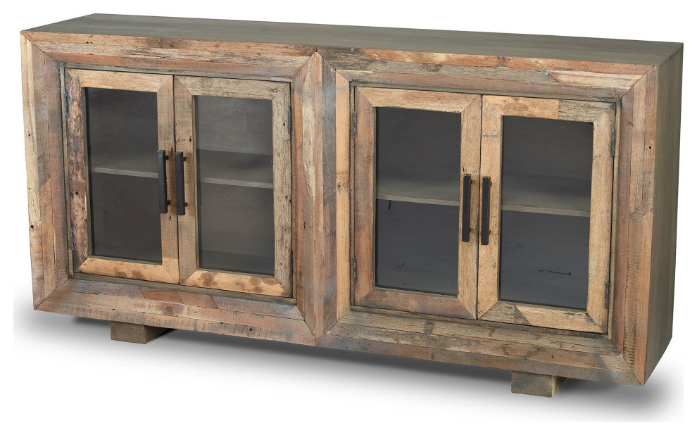 Hughes Sideboard Natural Finish On Reclaimed Wood With Plain Glass 4 Door