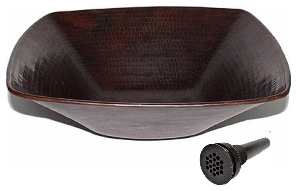 15" Square Copper Vessel Bathroom Sink in Aged Copper with Grid Drain