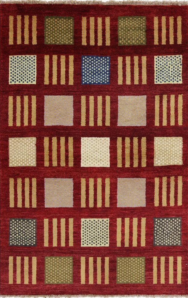 New Modern Collection Maroon 4'x6' Gabbeh Hand Knotted Wool Area Rug H8729