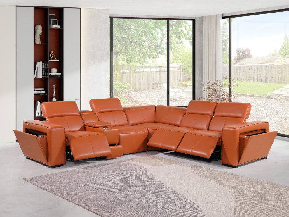 Niccolo Top Grain Italian Leather 6-Piece L-Shaped Power Reclining Sectional, Camel