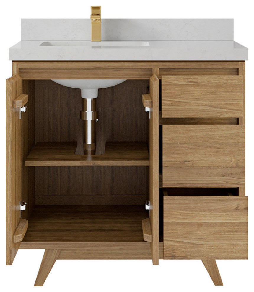 Madison  Teak 36 Left Offset Bath Vanity Golden Teak 2" Carrara Marble