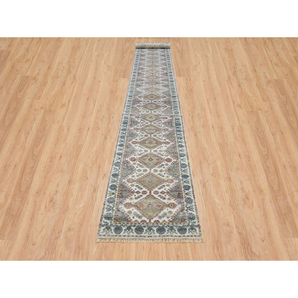 Ivory Wool Hand Knotted Flower Rosettes Border XL Runner Oriental Rug 2'7"x18'