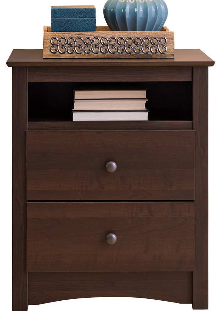 Elegance 2 Drawer Nightstand With Open Shelf, Espresso, Tall