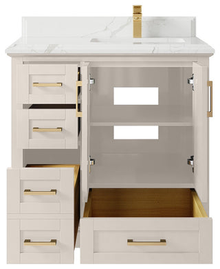 Boston 36" Right Offset Bath Vanity in Fine Grain 1.5" Calacatta Laza