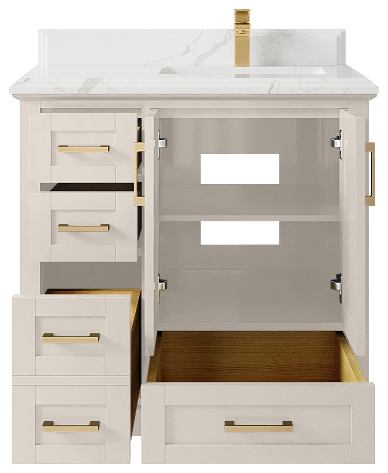 Boston 36" Right Offset Bath Vanity in Fine Grain 1.5" Calacatta Laza
