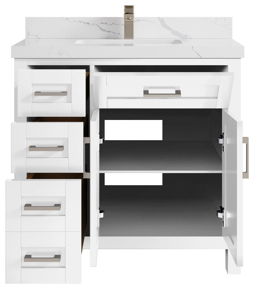 Cambridge 36 Center Sink Bath Vanity in White 2" Calacatta Laza