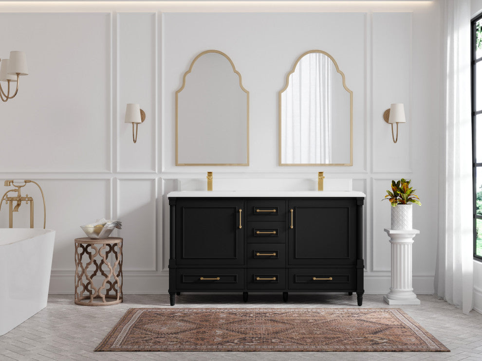 Aberdeen 60 Double Bathroom Vanity in Black 1.5" White Quartz