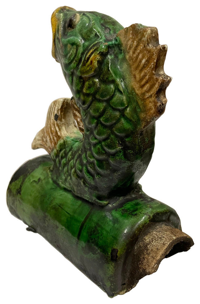 Consigned Early 20th Century Antique Chinese Glazed Ceramic Koi Fish Roof Tile