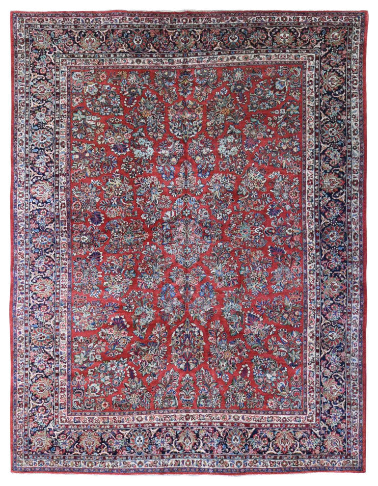 Tomato Red, Antique Persian Sarouk Hand Knotted 100% Wool Rug, 10'5" x 13'7"