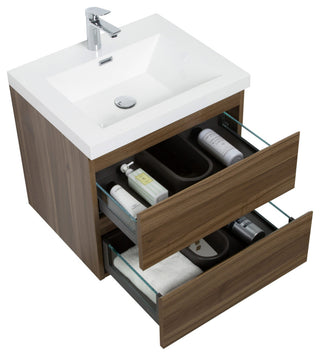 Aurora Wall Mount Vanity, White Acrylic Top, Smokey Walnut, 24"