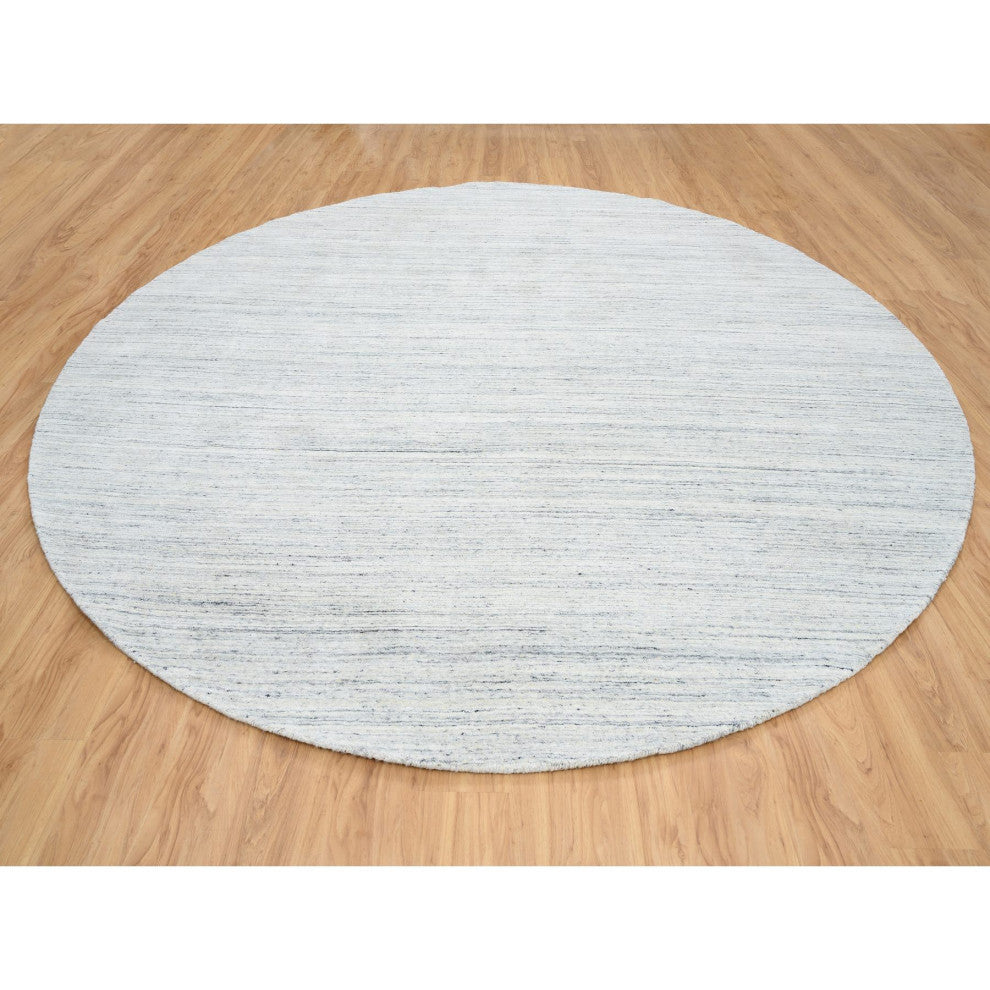 Ivory Plain Modern Striped Design Pure Wool Hand Loomed Round Rug, 11'10"x11'10"