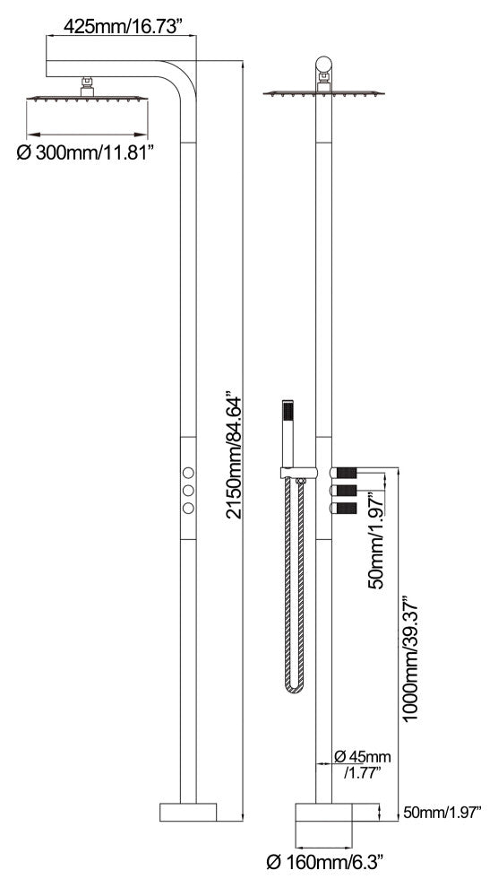 84.65" H Brass Free Standing Outdoor Shower, Brushed Nickel