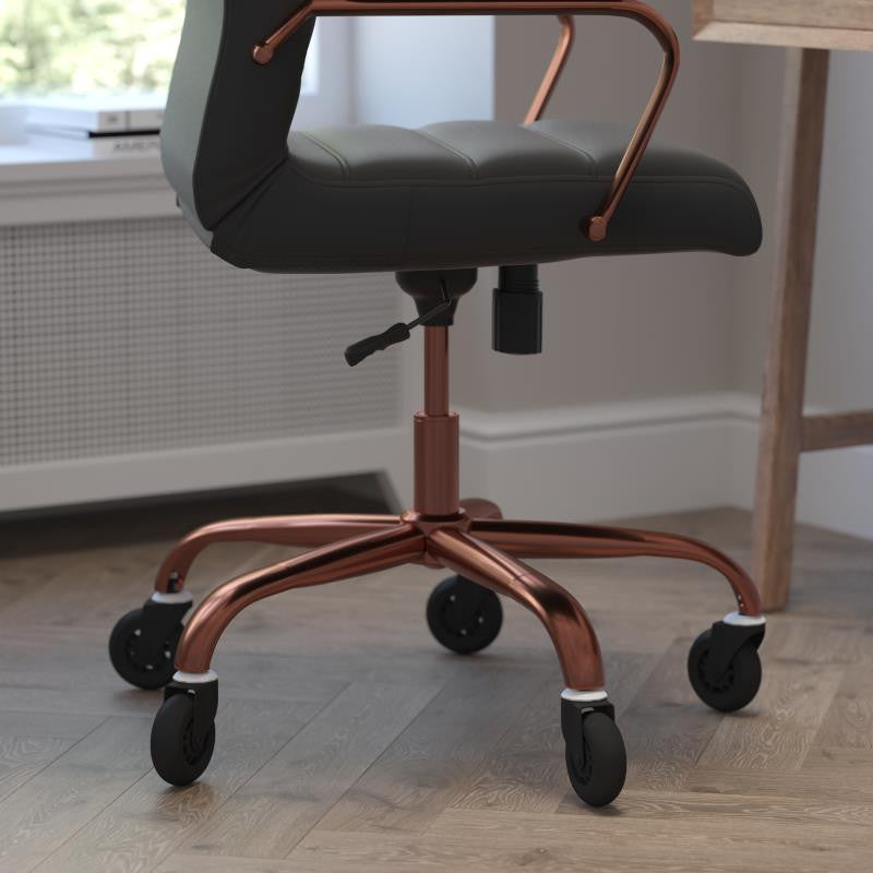 Whitney High Back Executive Swivel Office Chair with Black Frame & Arms, Black Leathersoft/Rose Gold Frame
