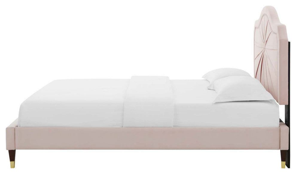 Platform Bed Frame, Full Size, Velvet, Pink, Modern Contemporary, Bedroom Master