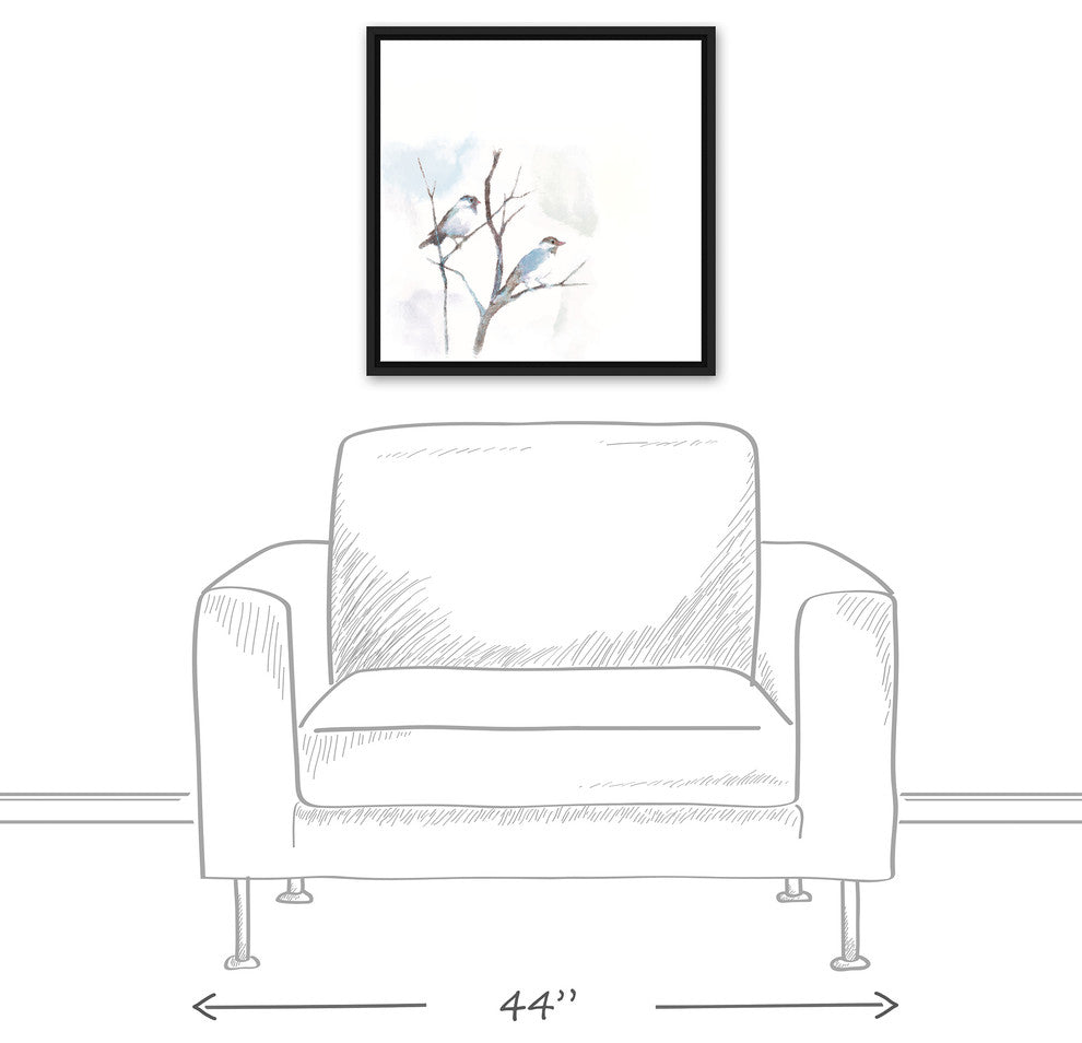 Watercolor Birds on a Branch Blue 20x20 Black Floating Framed Canvas