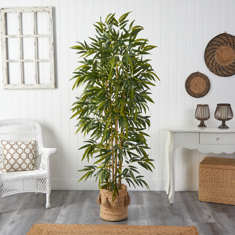 T2980 75 Bamboo Artificial Tree in Handmade Natural Jute Planter With Tassels