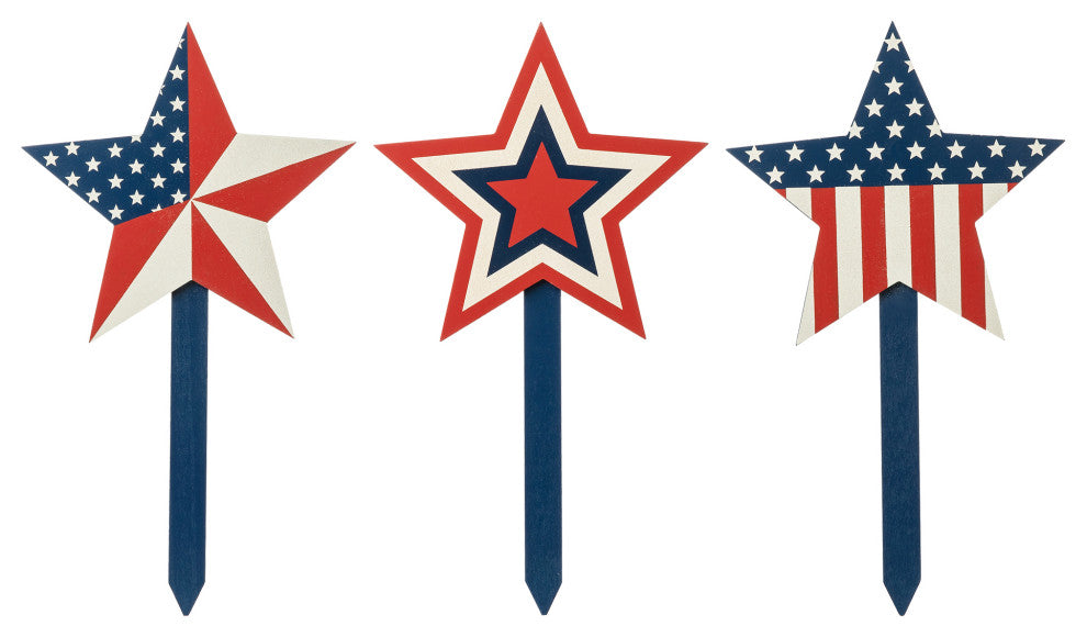 Wooden Patriotic Star Yard Stake, Set of 3