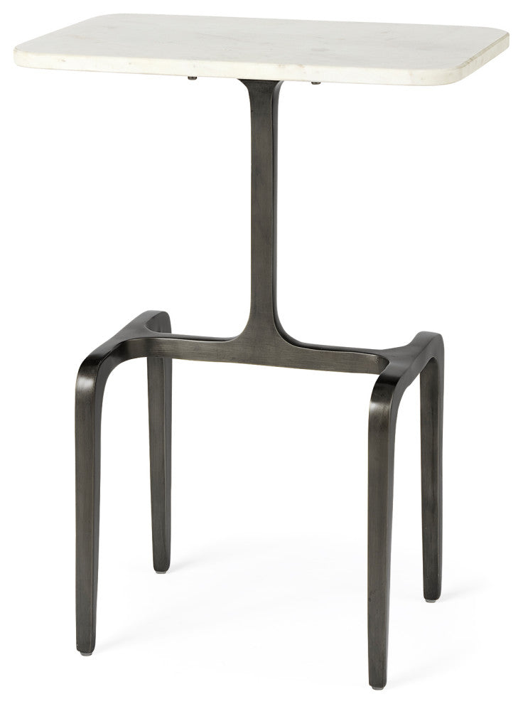 Preston White Marble Tabletop w/ Matte Gun-metal Gray Iron Base Accent Table