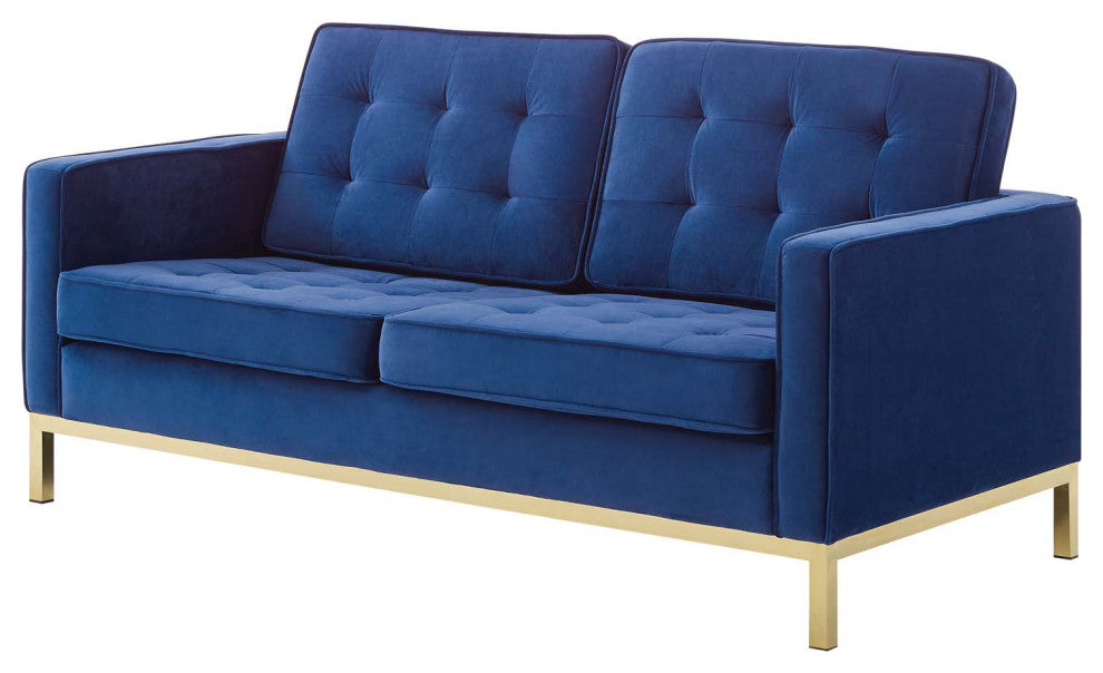 Armchair and Loveseat Sofa Set, Velvet, Gold Blue Navy, Modern, Lounge