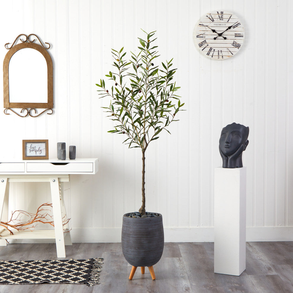 Nearly Natural 70" Olive Artificial Tree, Gray Planter With Stand