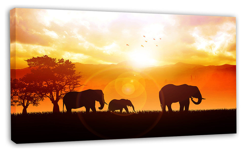 Elephants Walking At Sunset, African Canvas Art Print, 32"x16"